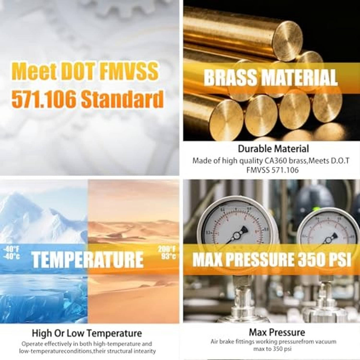 Brass DOT air brake fitting material shown with multiple fittings and side view details