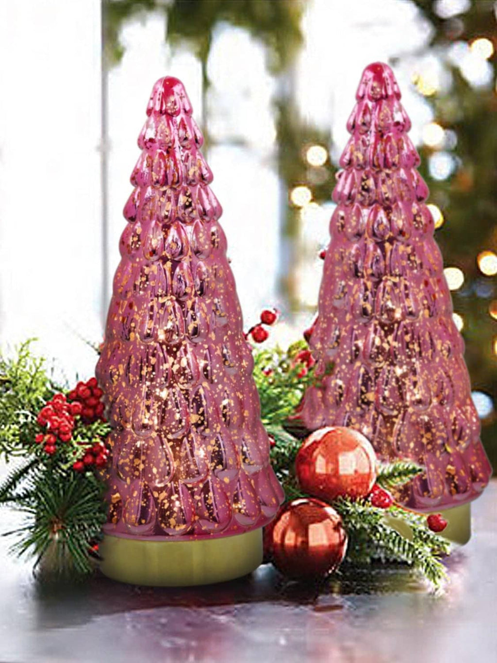 Set of 2 pink glitter tabletop Christmas trees with gold bases, cone-shaped and faceted