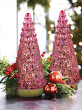 Set of 2 pink glitter tabletop Christmas trees with gold bases, cone-shaped and faceted