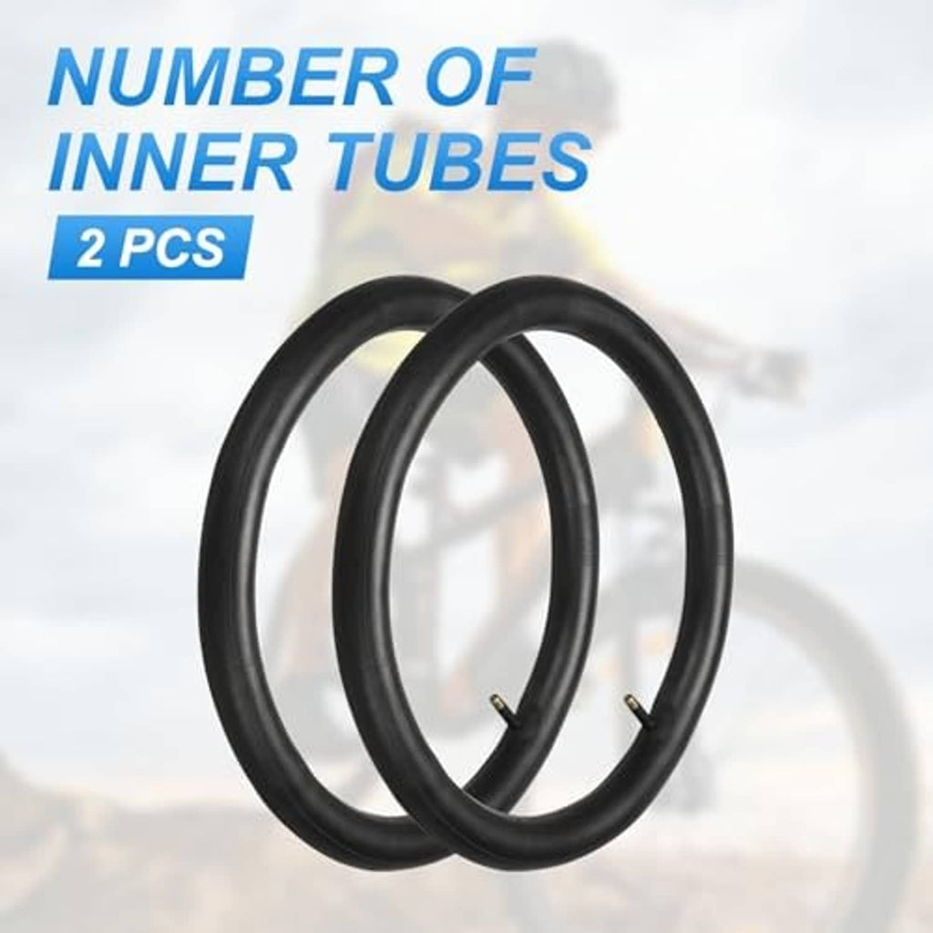 Two black bicycle inner tubes stacked, both with standard valve stems