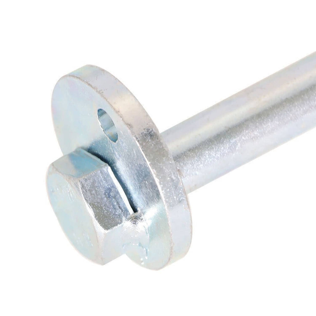 Front control arm cam bolt hardware kit: close-up of silver cam bolt underside and washer