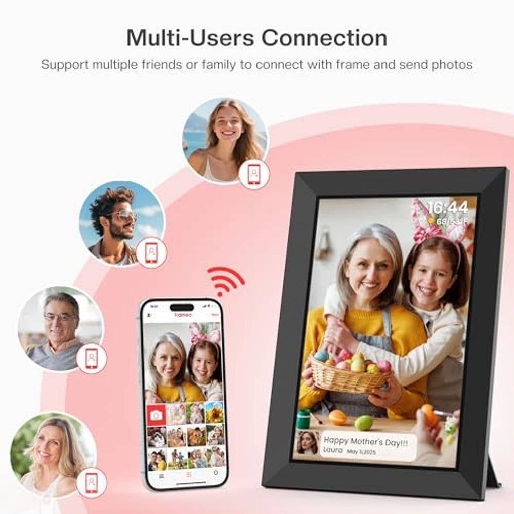 Black digital picture frame showing family photo with smartphone thumbnail preview