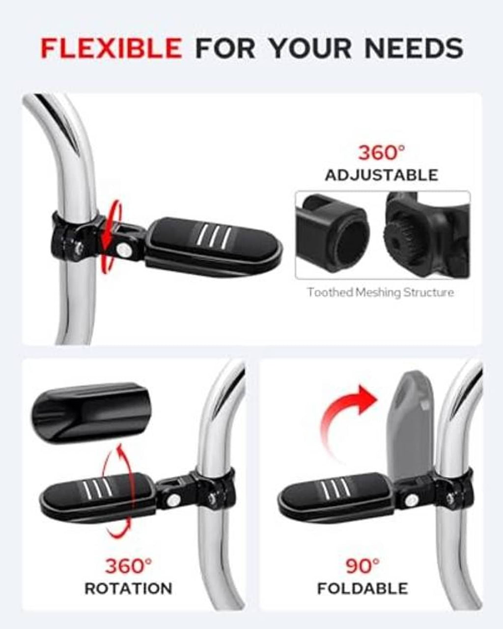 Black motorcycle highway foot pegs with 360° adjustable and foldable mounting joint