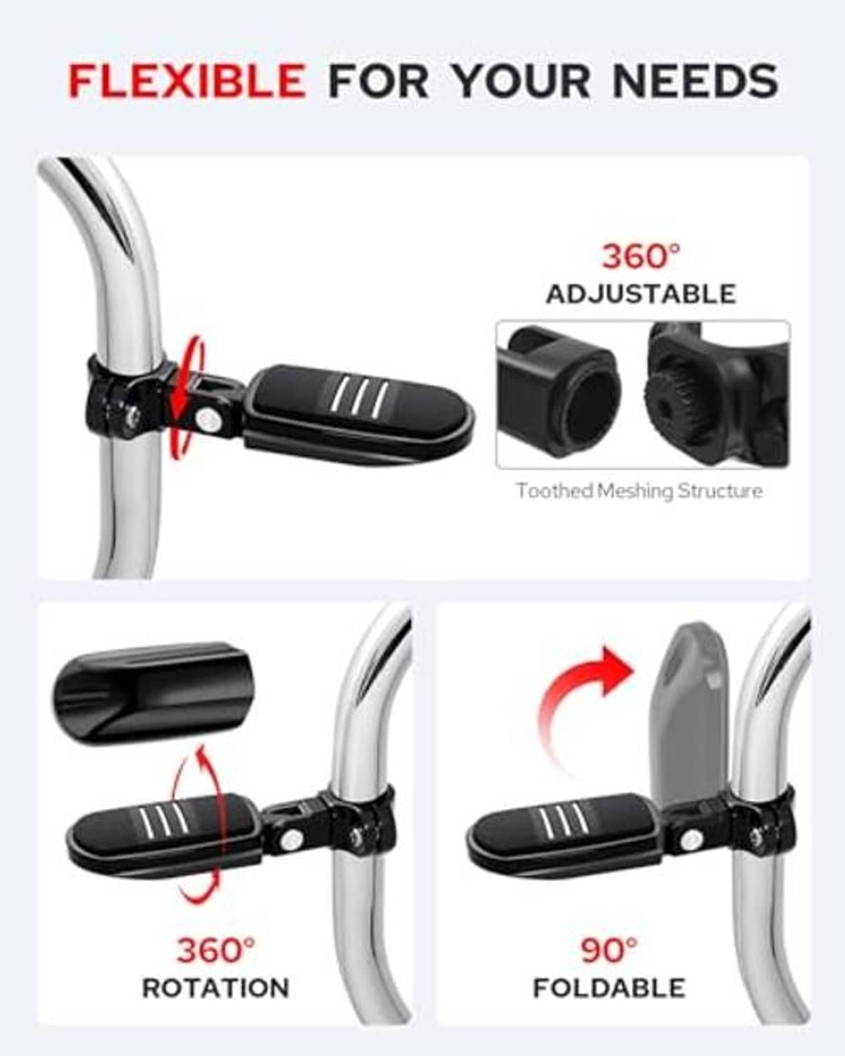 Black motorcycle highway foot pegs with 360° adjustable and foldable mounting joint