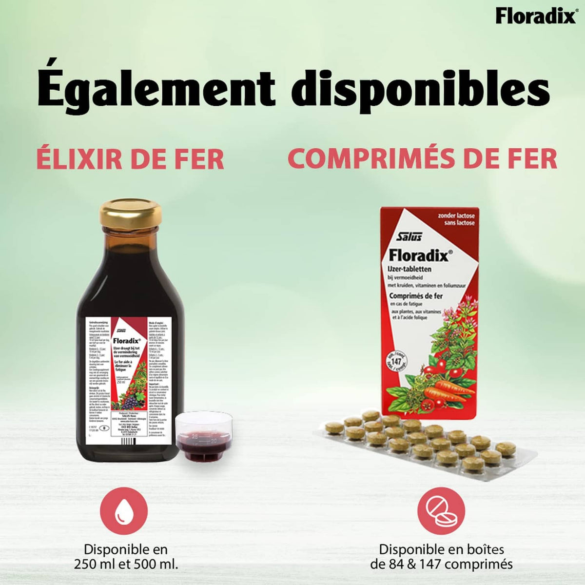 Liquid iron supplement bottle and box, with capsules-free liquid and tablet variants