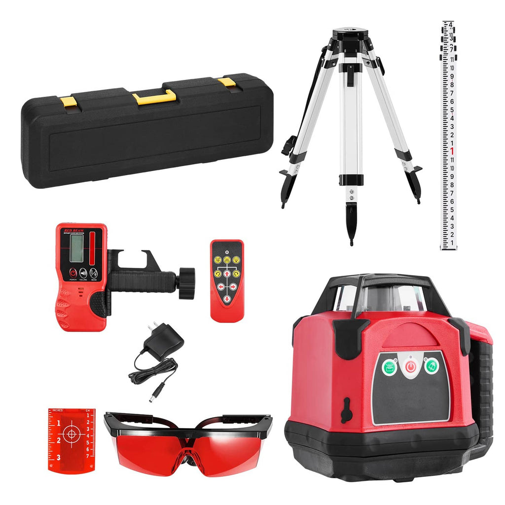 Red self-leveling rotary laser level kit with tripod, receiver, case, and glasses