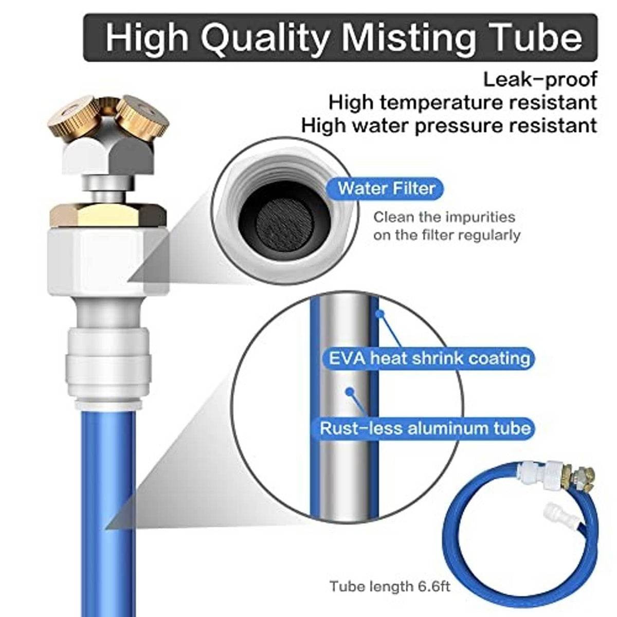 Misting tube assembly with rust-resistant metal tube, filter end, and blue hose connector.