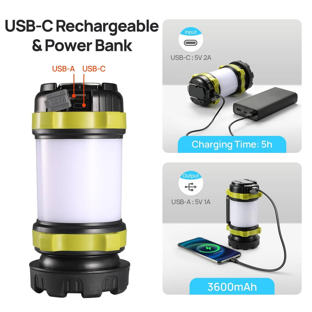 USB-C rechargeable LED lantern flashlight with power bank, light green and black