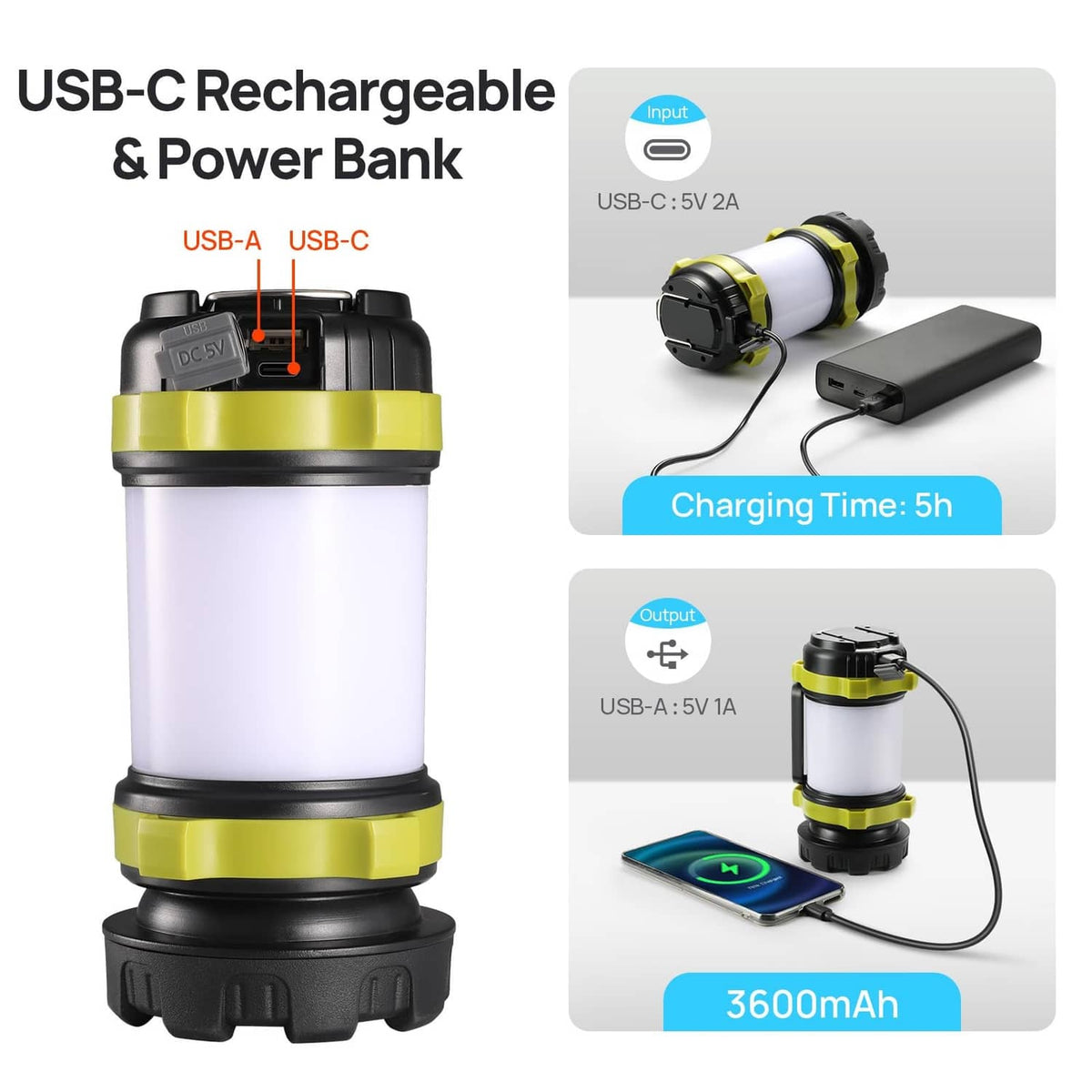 USB-C rechargeable LED lantern flashlight with power bank, light green and black