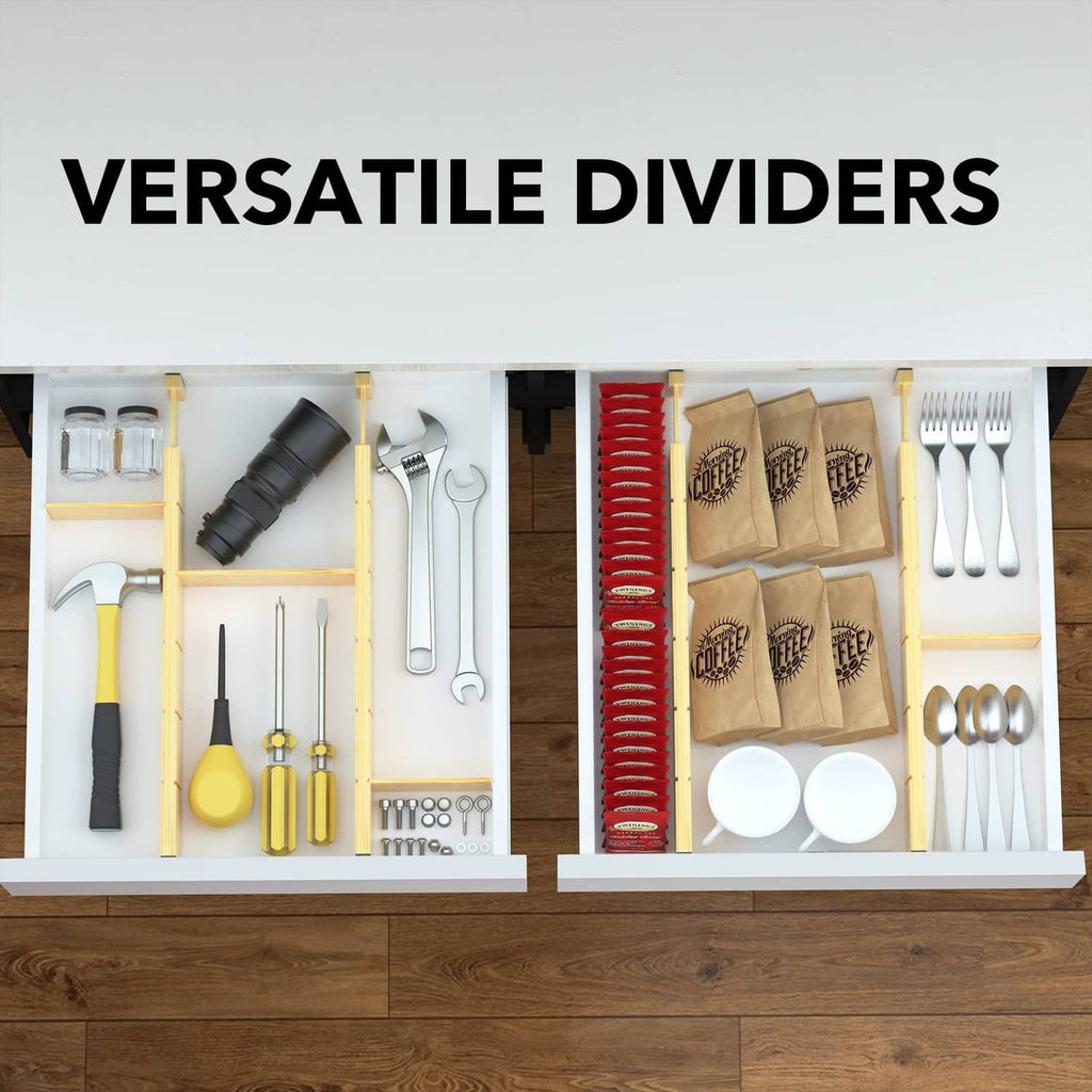 Bamboo drawer divider inserts separating kitchen tools into neatly sized compartments