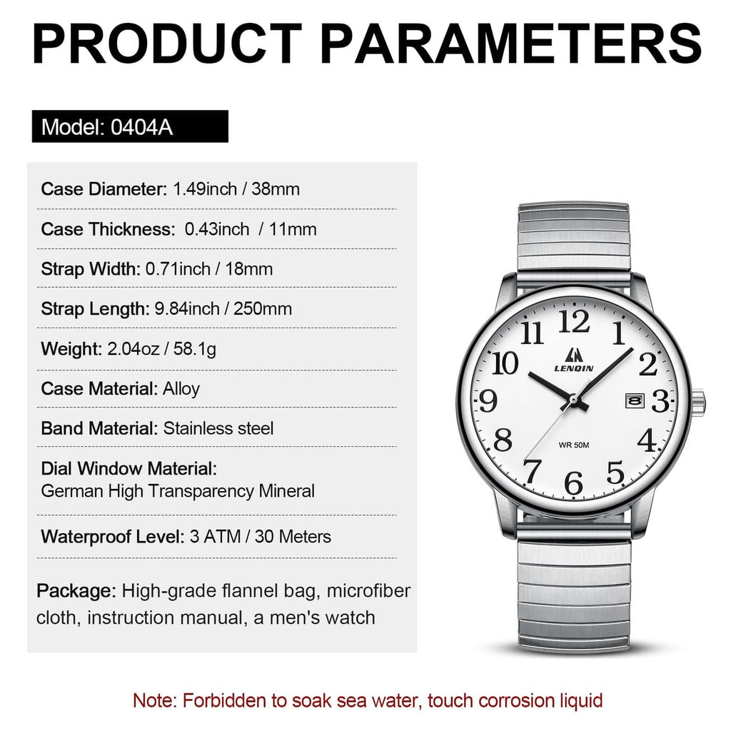 Analog quartz sport watch product parameters diagram with case and strap measurements