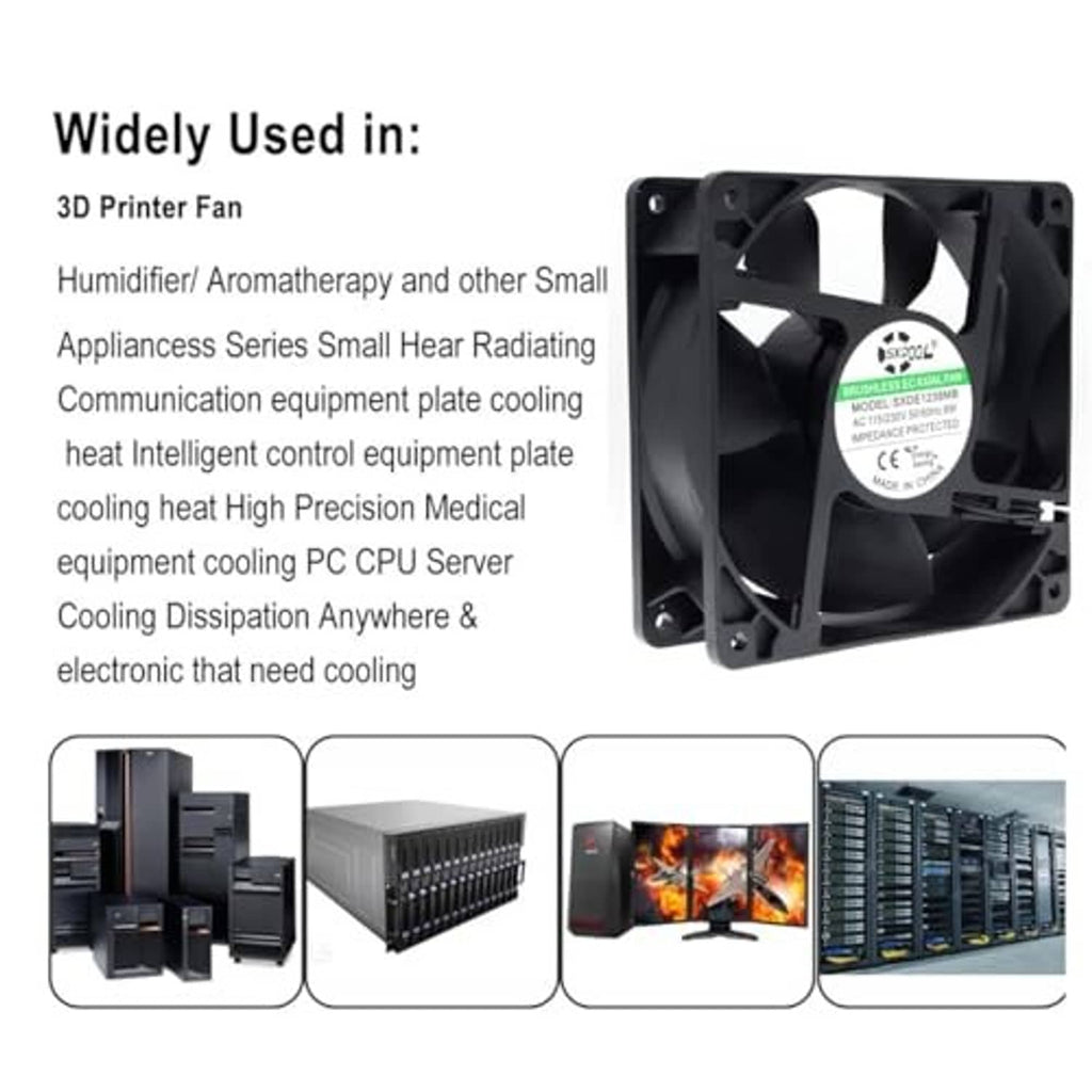 Black 120mm cooling fan with circular motor hub label and square mounting frame