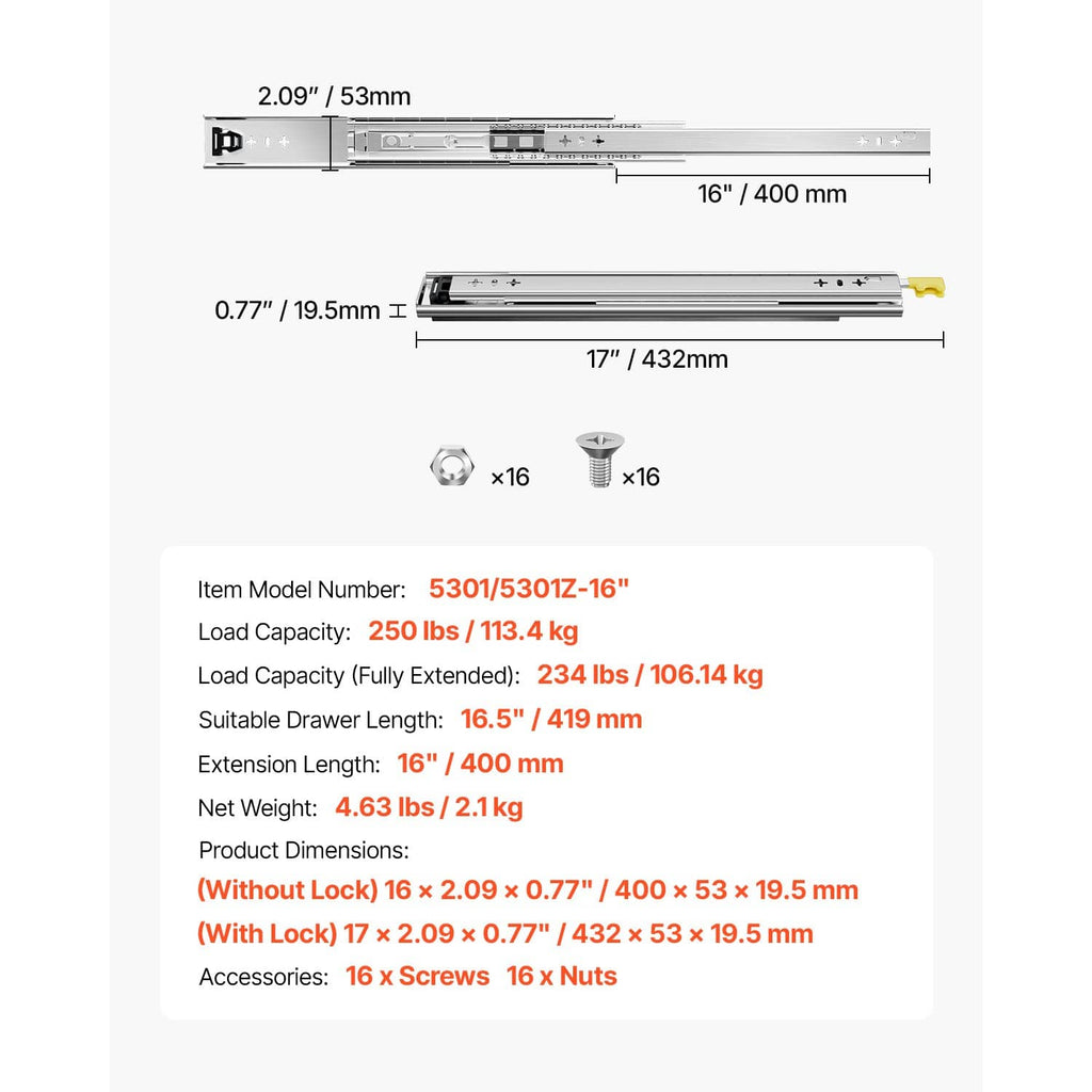 16 in drawer slide dimensions diagram with included screws and nuts shown
