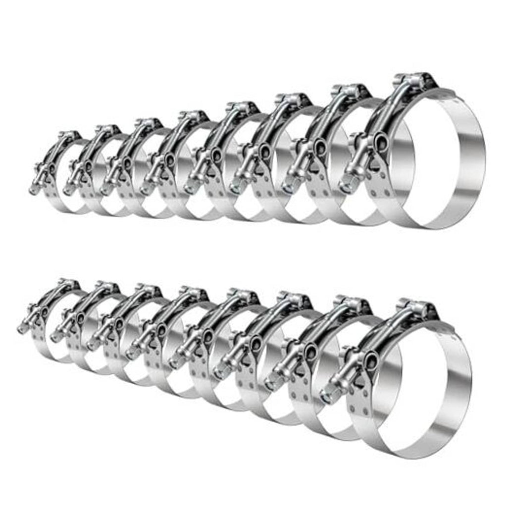 Stainless steel T-bolt hose clamp set with multiple silver clamps