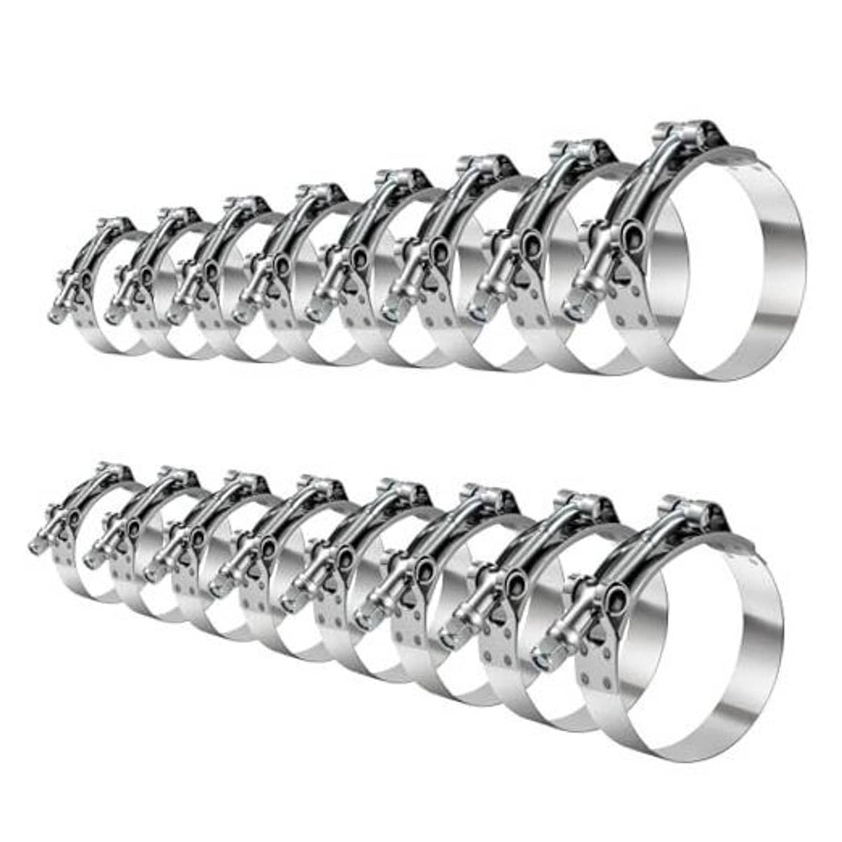 Stainless steel T-bolt hose clamp set with multiple silver clamps