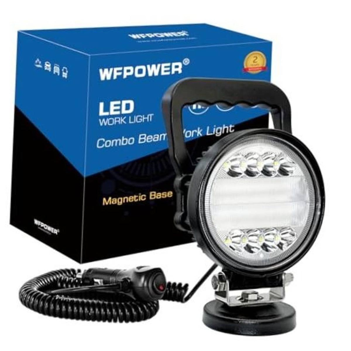 Portable black round magnetic LED work light with front lens and base stand