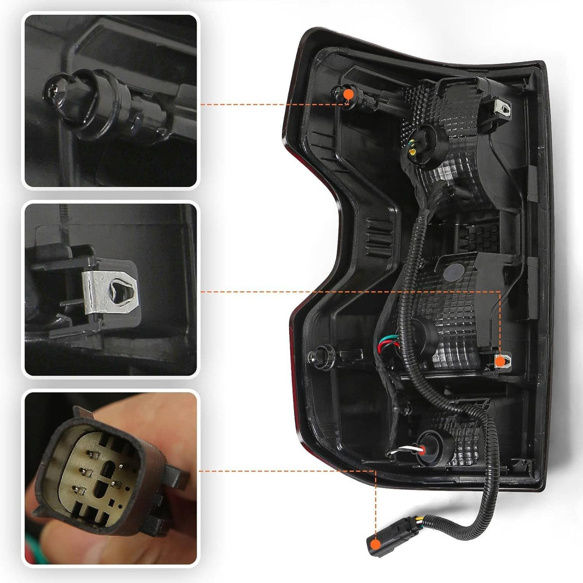 Right passenger tail light interior view with black housing, wiring harness, and mounting points