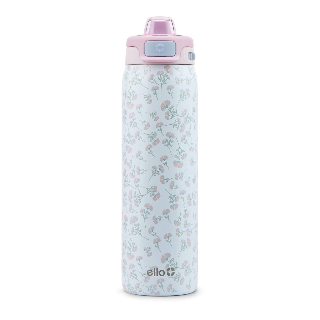 Serene Blooms stainless steel water bottle with pink lid and floral wrap design