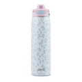 Serene Blooms stainless steel water bottle with pink lid and floral wrap design