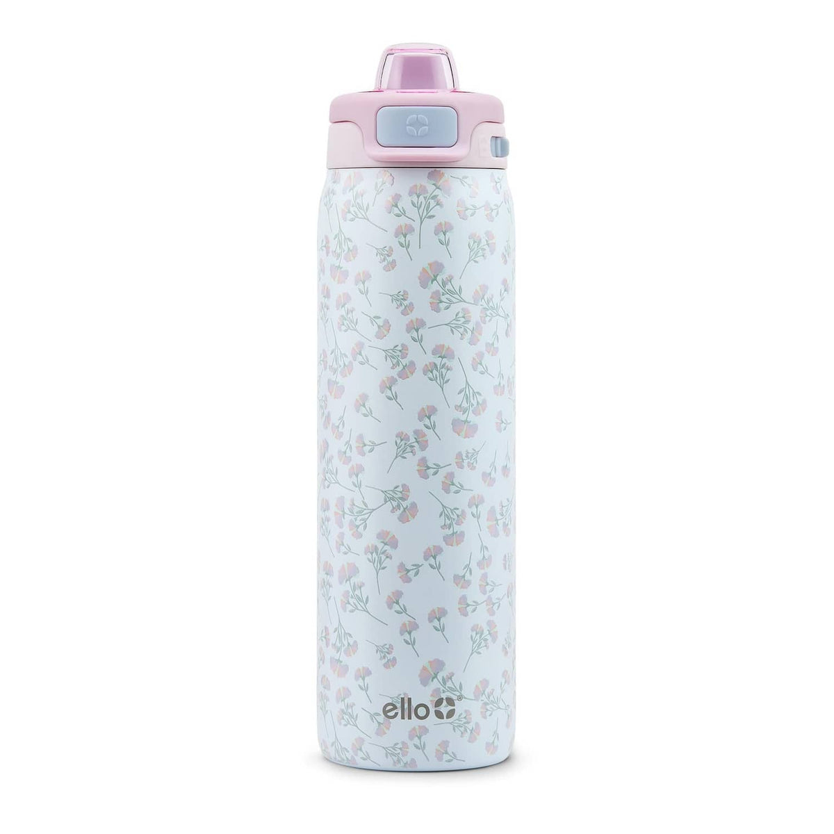 Serene Blooms stainless steel water bottle with pink lid and floral wrap design