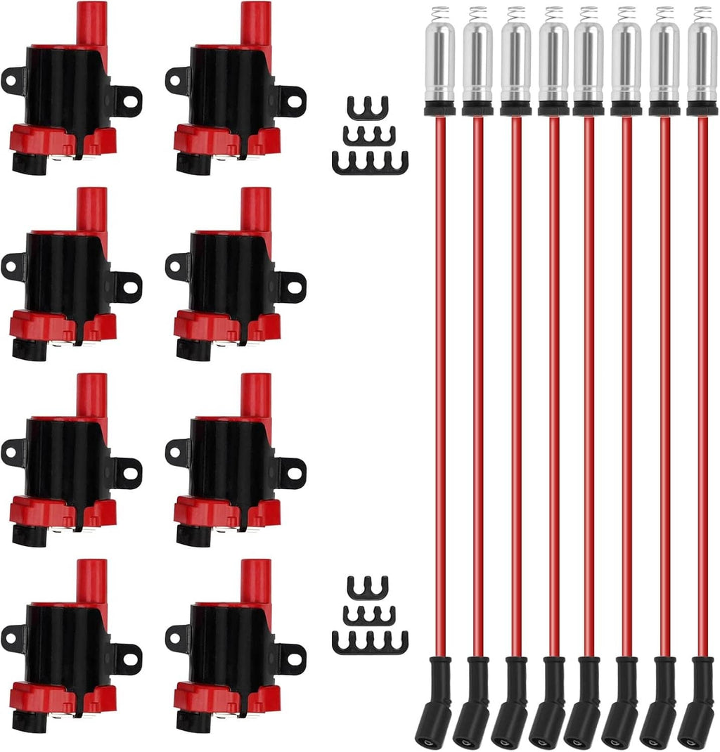 Ignition coil spark plug wire set with red coils and black boots, plus silver plug ends