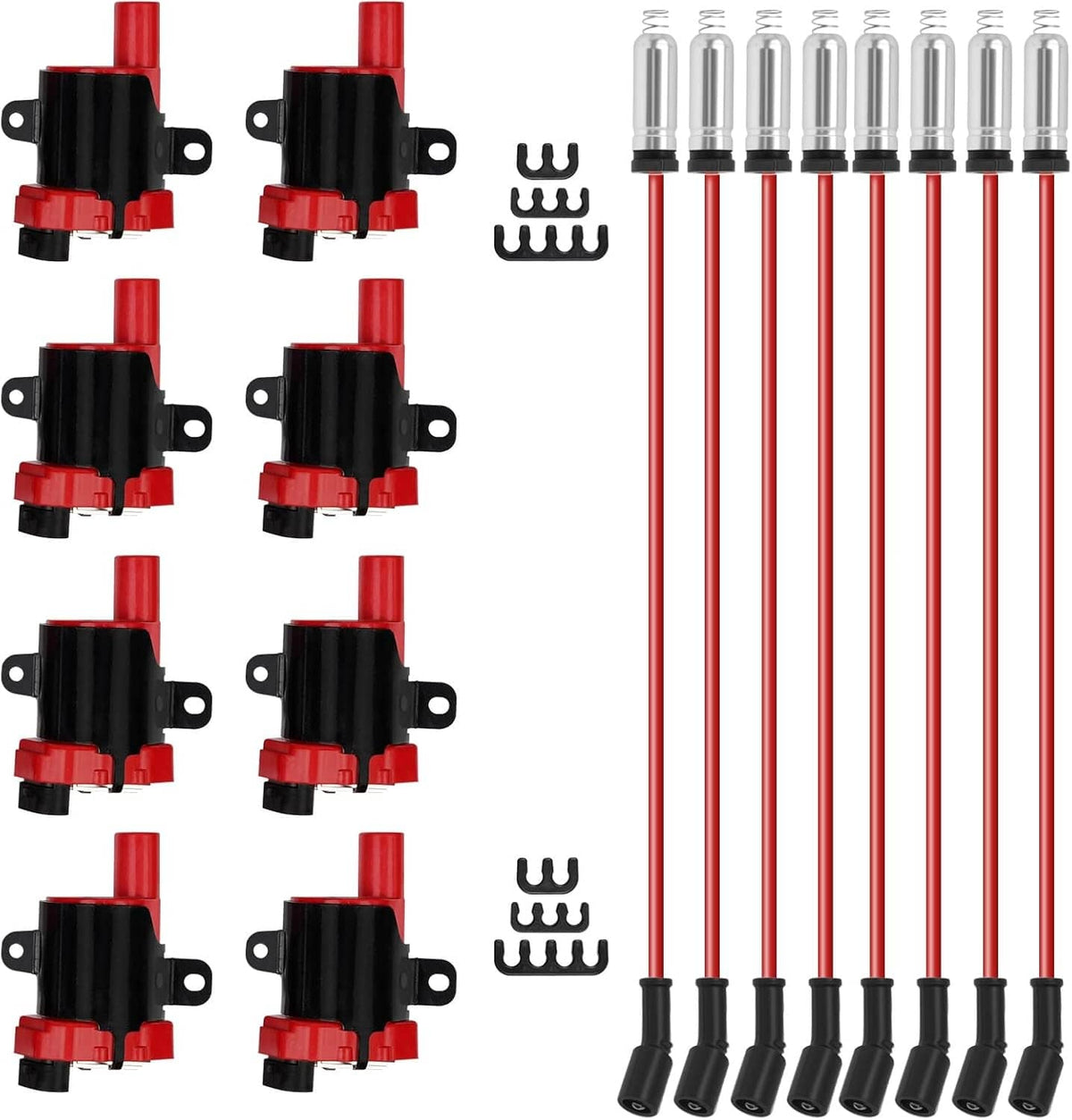 Ignition coil spark plug wire set with red coils and black boots, plus silver plug ends