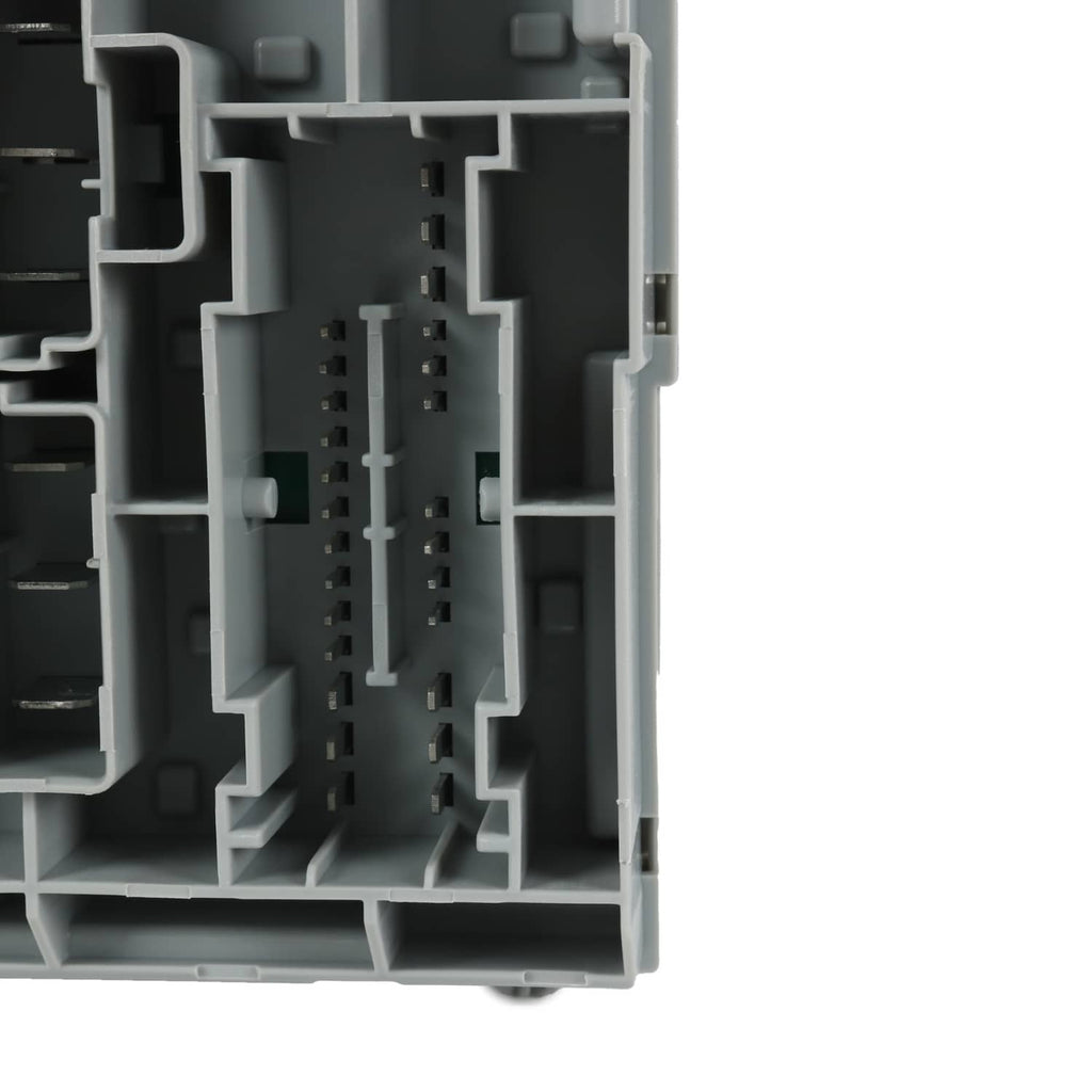 Detail view of gray power distribution center interior with stacked pin connectors
