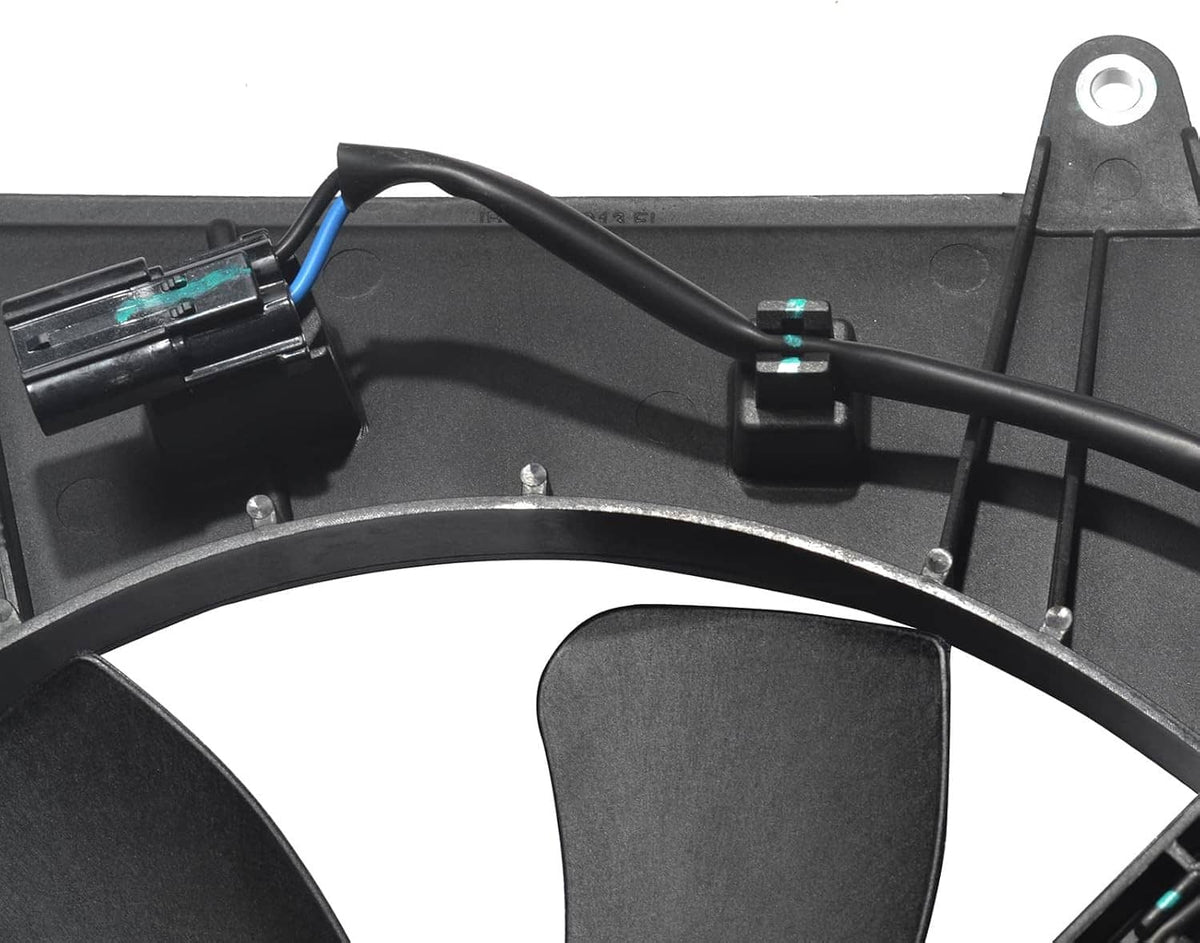 Radiator cooling fan frame wiring and connectors, black harness with retaining tabs