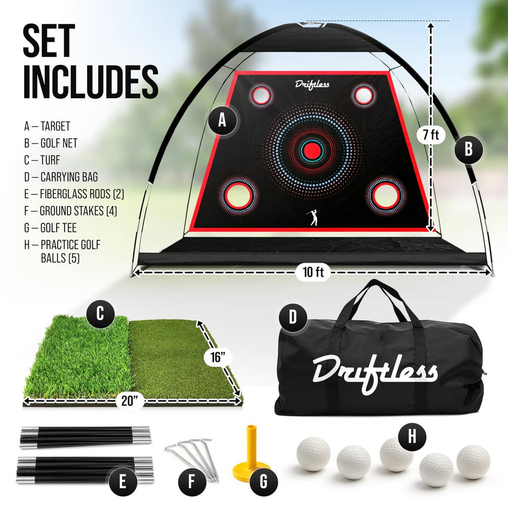 Golf practice net set includes target, ground stakes, practice balls, and carrying bag