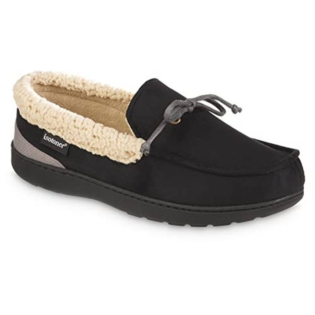 Black slip-on moccasin slippers with tan sherpa lining and gray lace tie detail