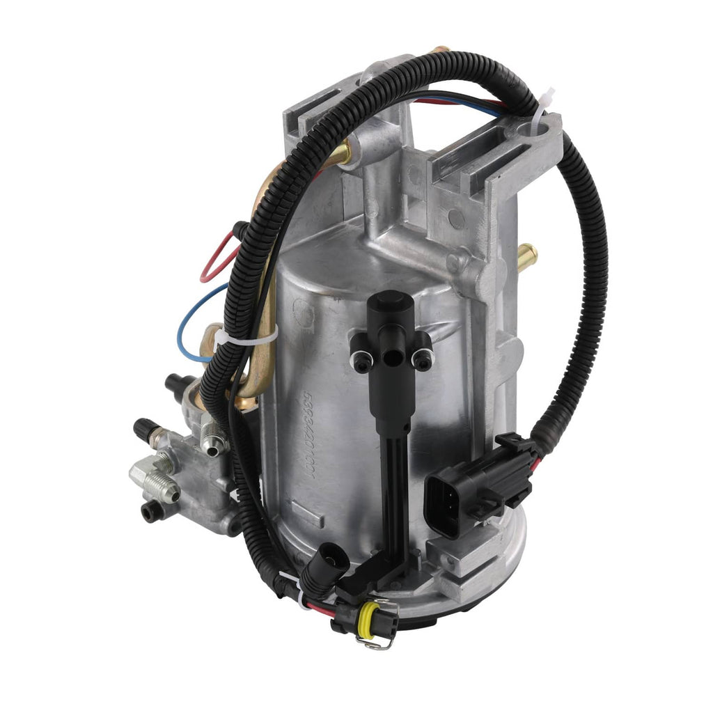 Fuel filter housing assembly with curved hoses, wiring, and two electrical connectors on metal body