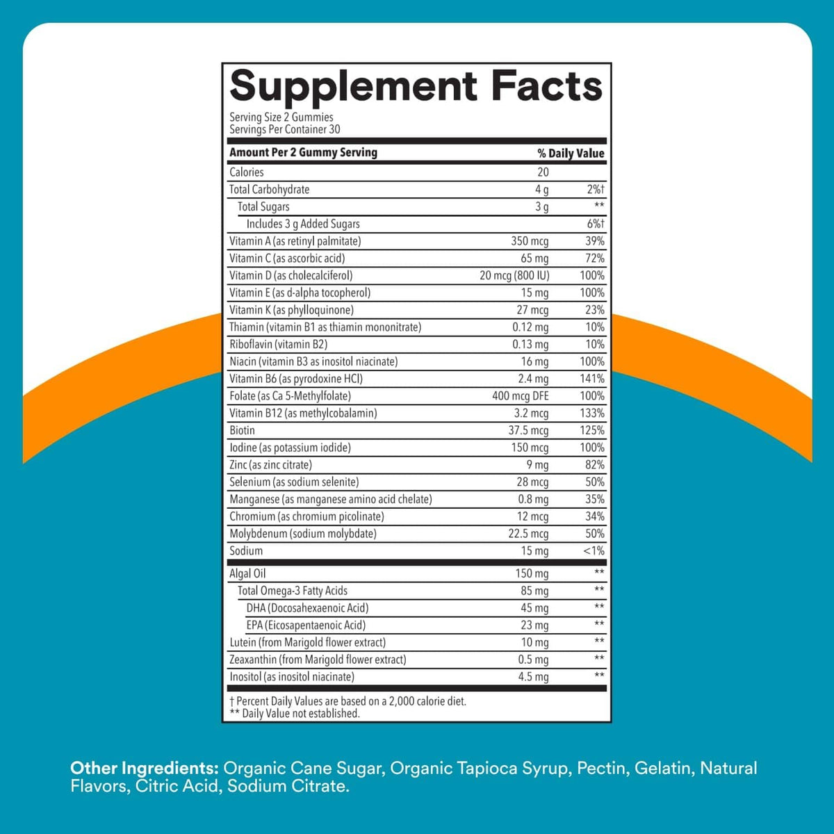 Supplement Facts panel for SmartyPants teen guy plus multi & omegas gummies