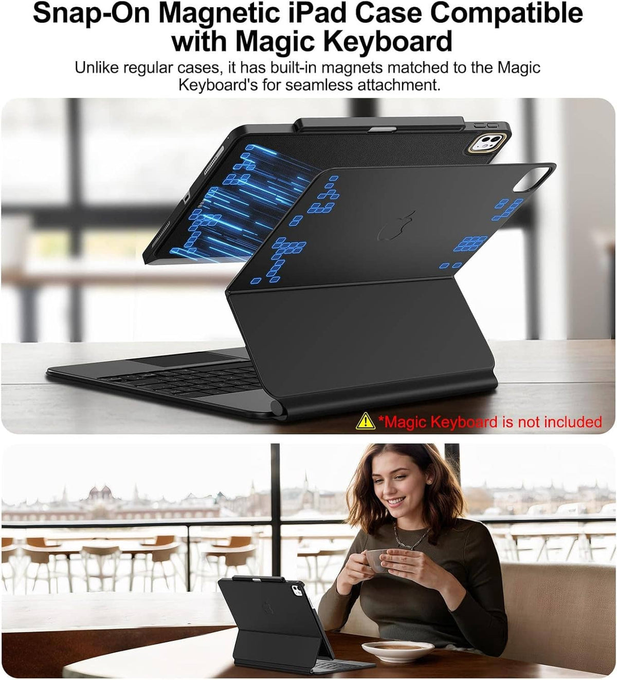 Black magnetic iPad tablet case with keyboard attached and standing at an angle