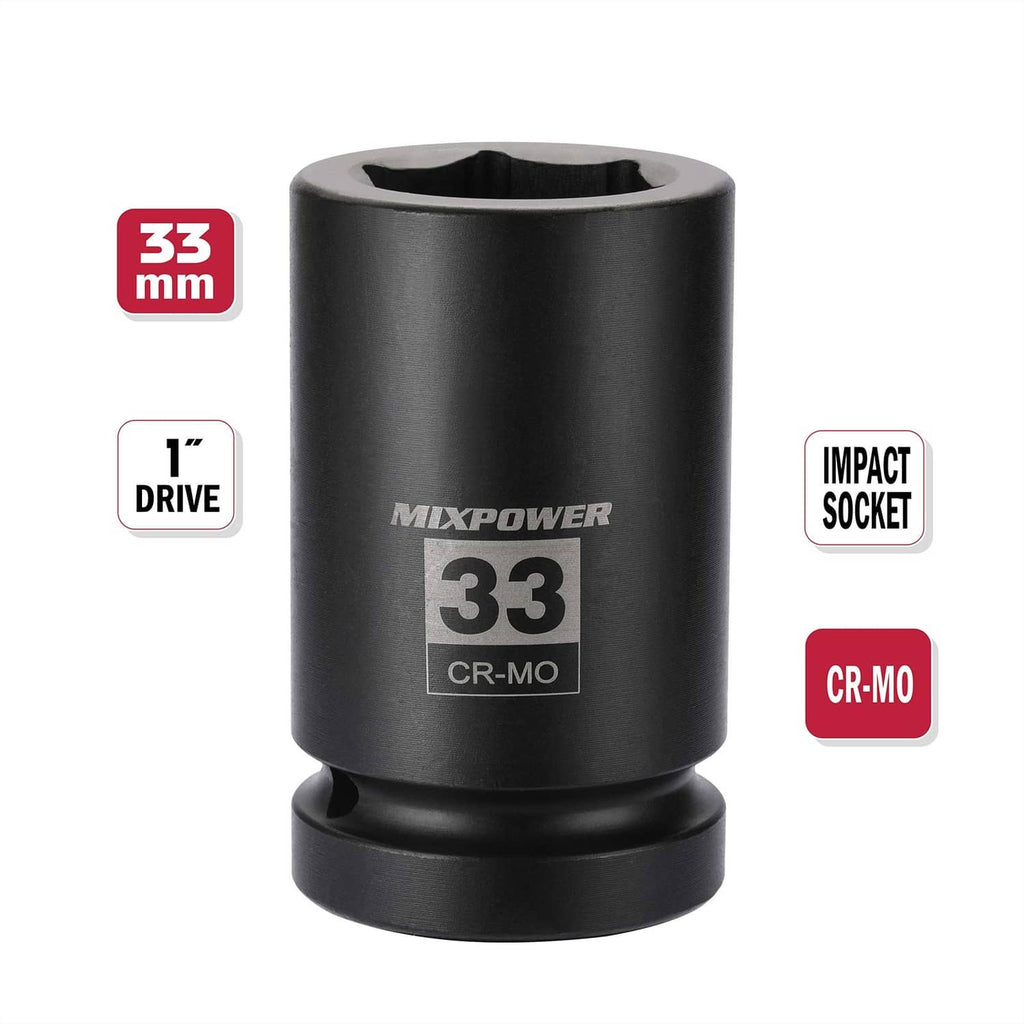 Black 1-inch drive impact socket with hex drive opening, 33mm size