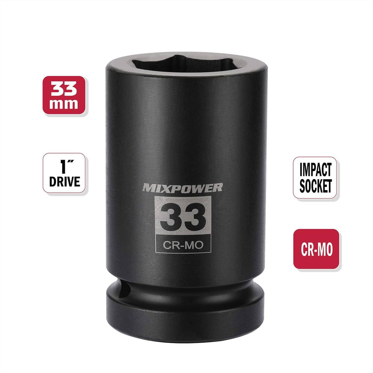 Black 1-inch drive impact socket with hex drive opening, 33mm size