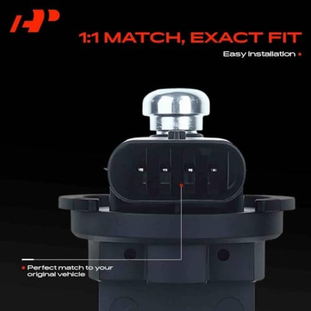 Camshaft position sensor with black housing, silver metal cap, and front electrical pins