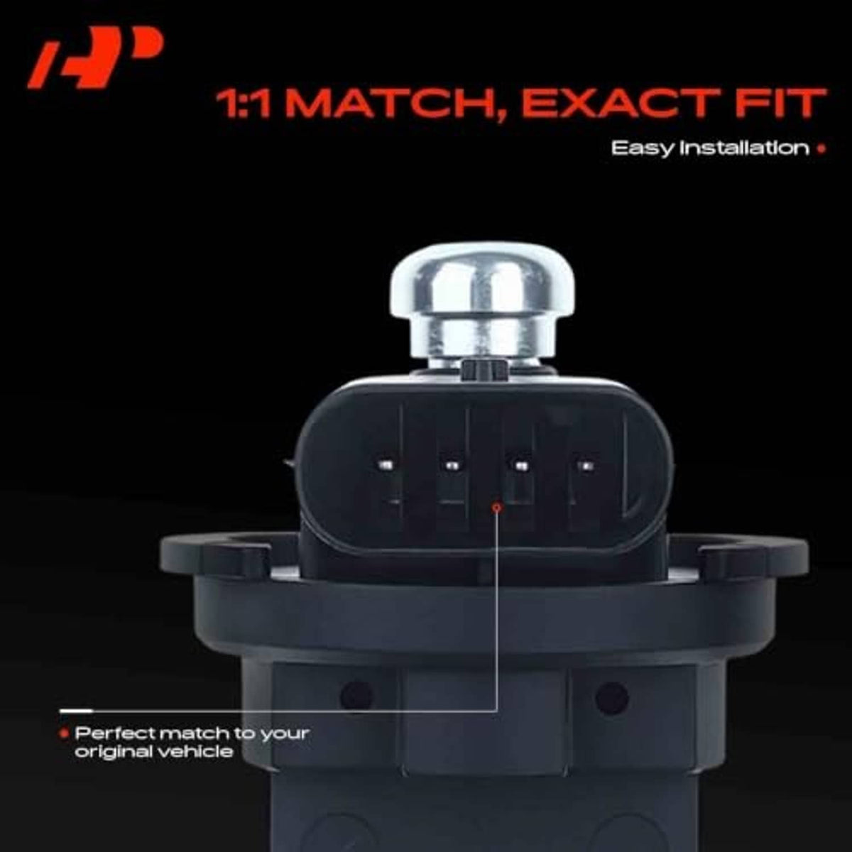 Camshaft position sensor with black housing, silver metal cap, and front electrical pins