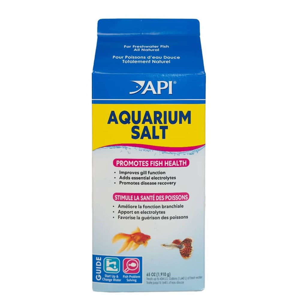 Aquarium salt box by API for freshwater fish, blue and yellow front label