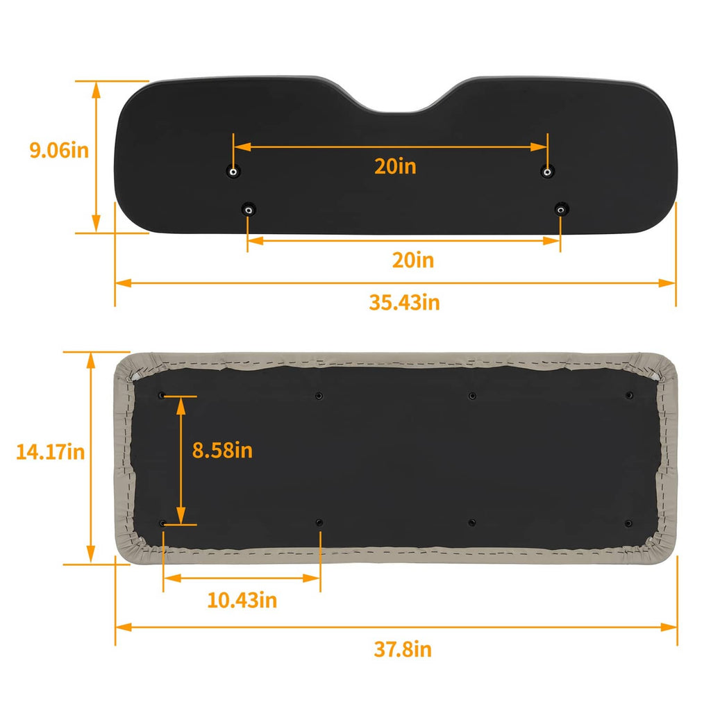 Cushion dimensions diagram for seat and back pads, molded shapes with measurements