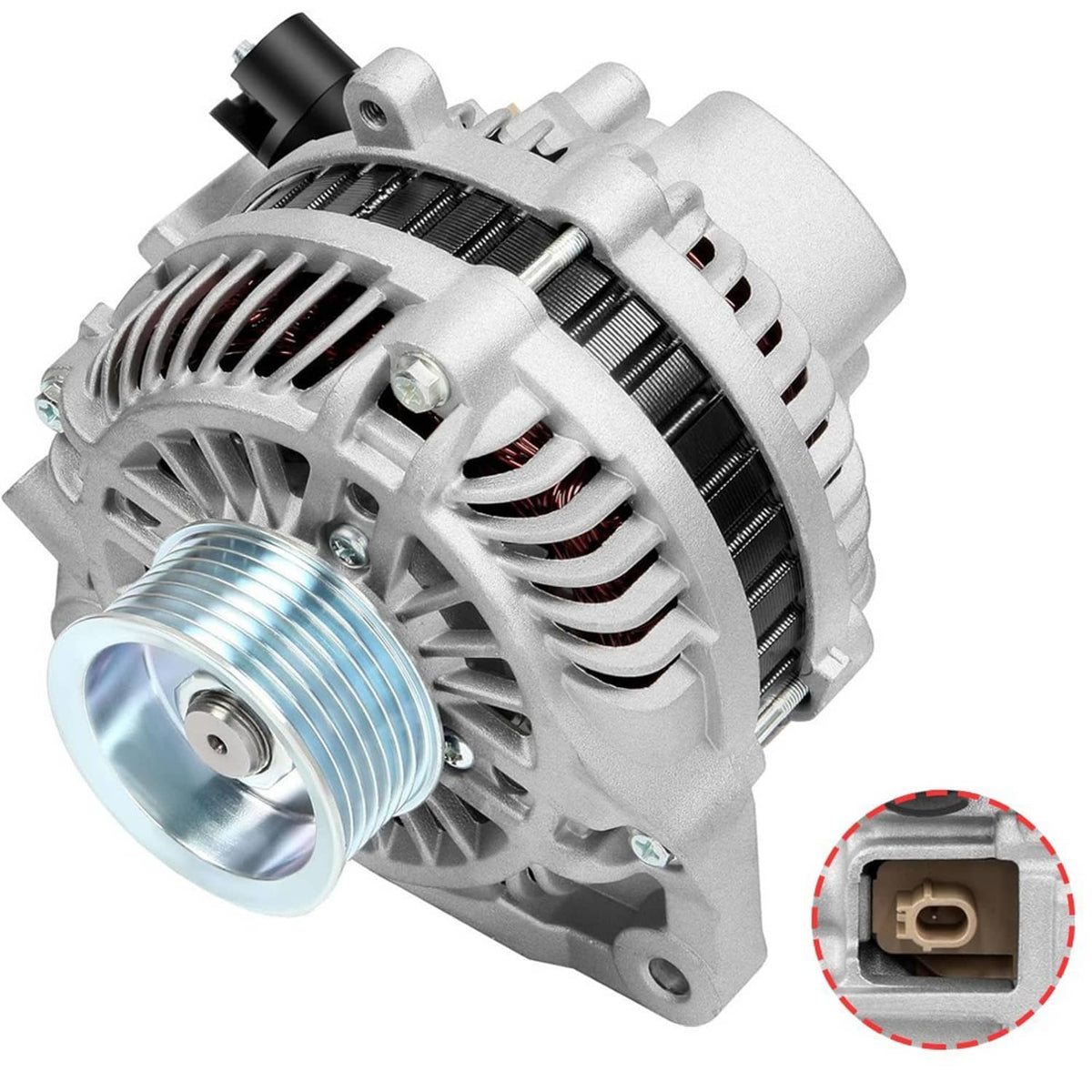 12V 95A alternator with ribbed pulley and vented fan housing, side view