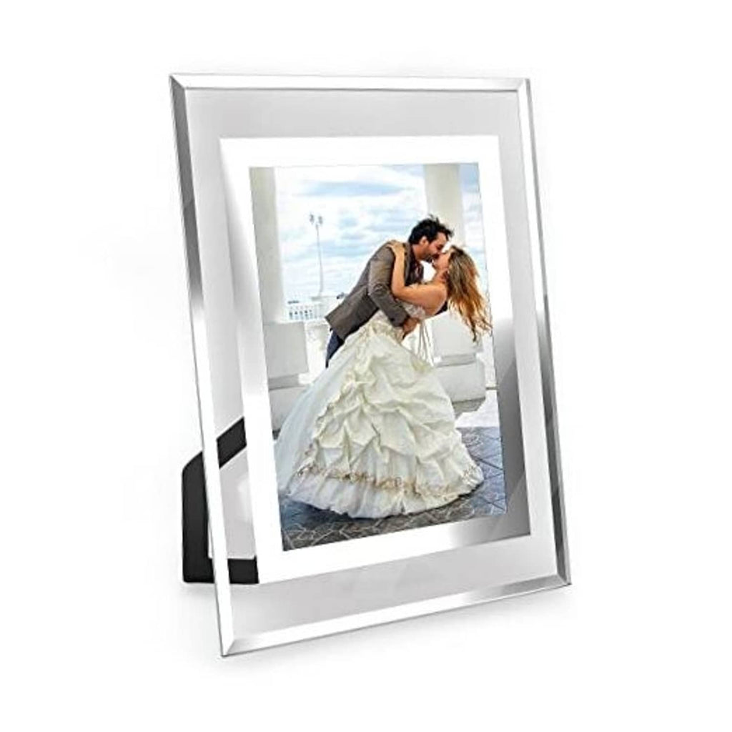 White 5x7 glass photo frame on tabletop stand, open front viewing window