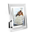 White 5x7 glass photo frame on tabletop stand, open front viewing window