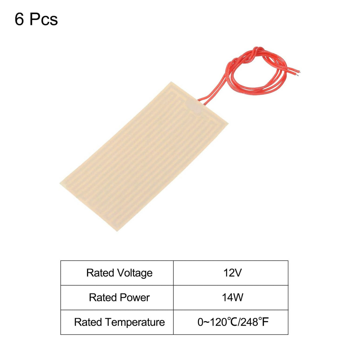 Polyimide heater film pad with red wiring and printed performance rating table