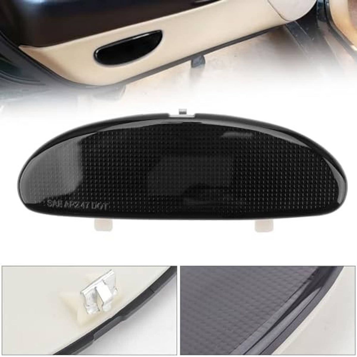 Black oval door panel reflector plate with textured mesh and corner mounting clips