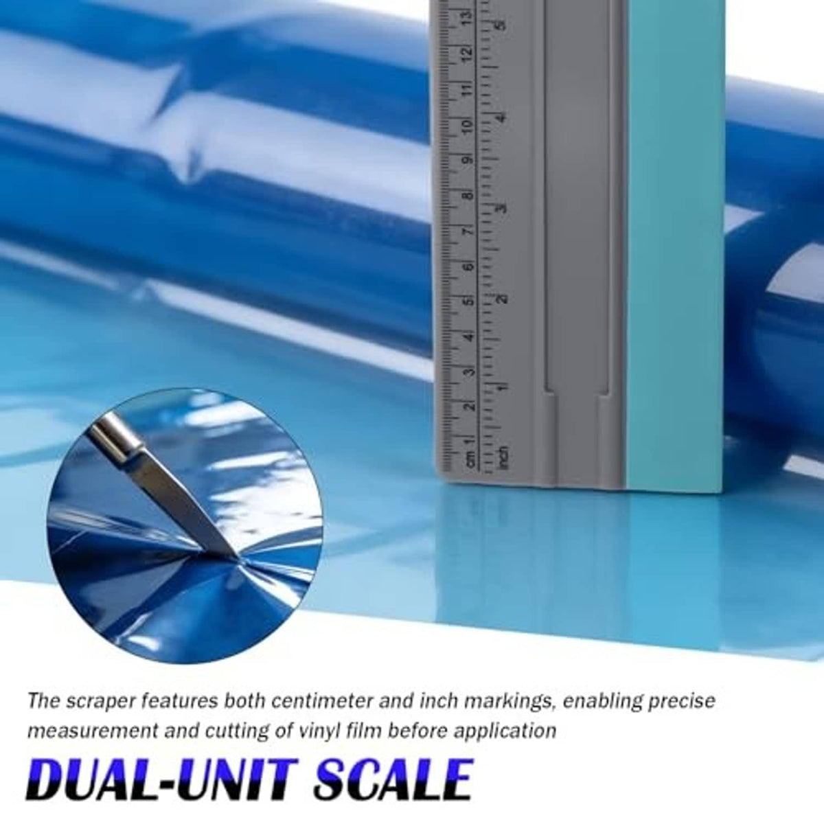 Gray squeegee ruler with dual-unit scale and teal backing for accurate application