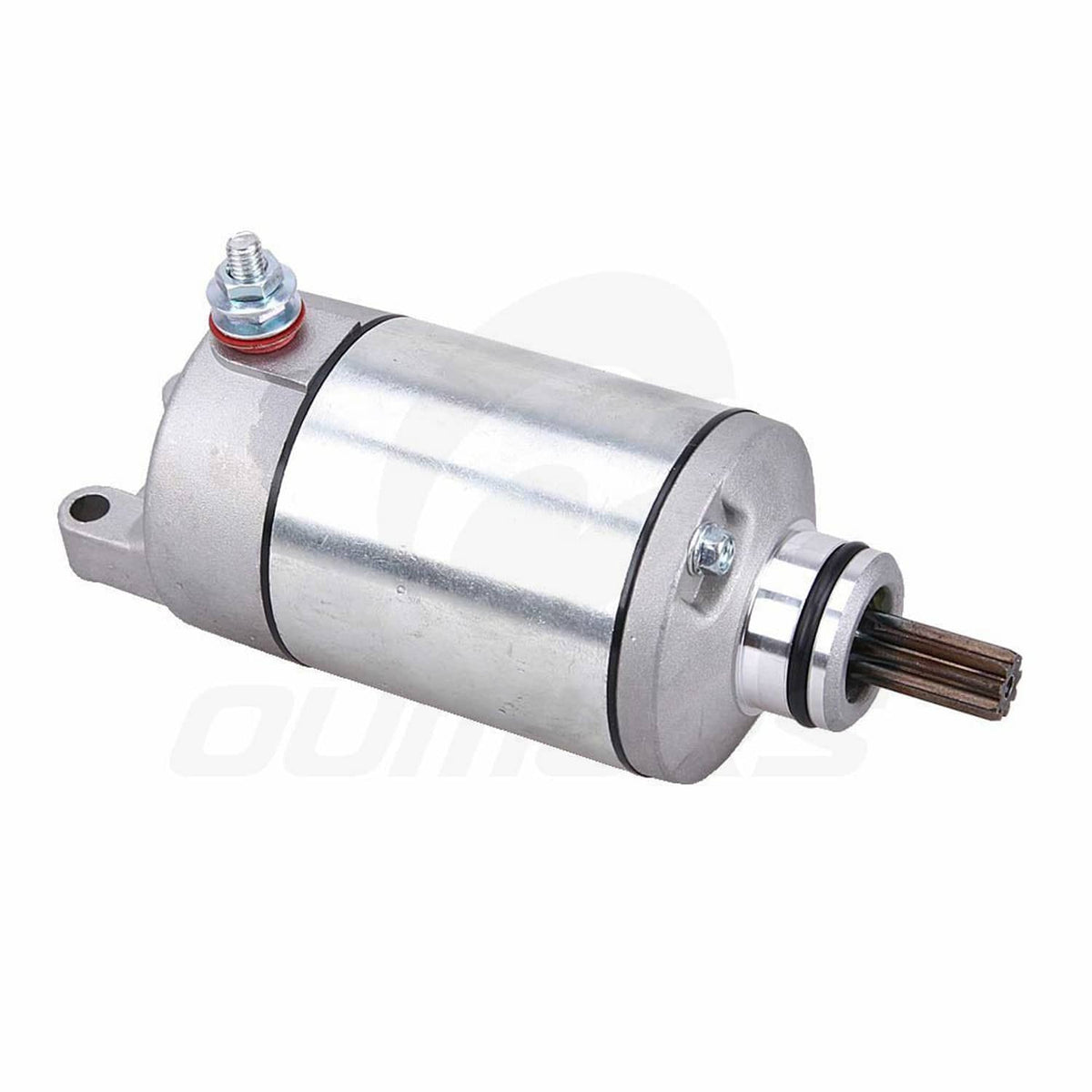 Starter motor side view with pinion shaft and black rubber seal ring, silver body