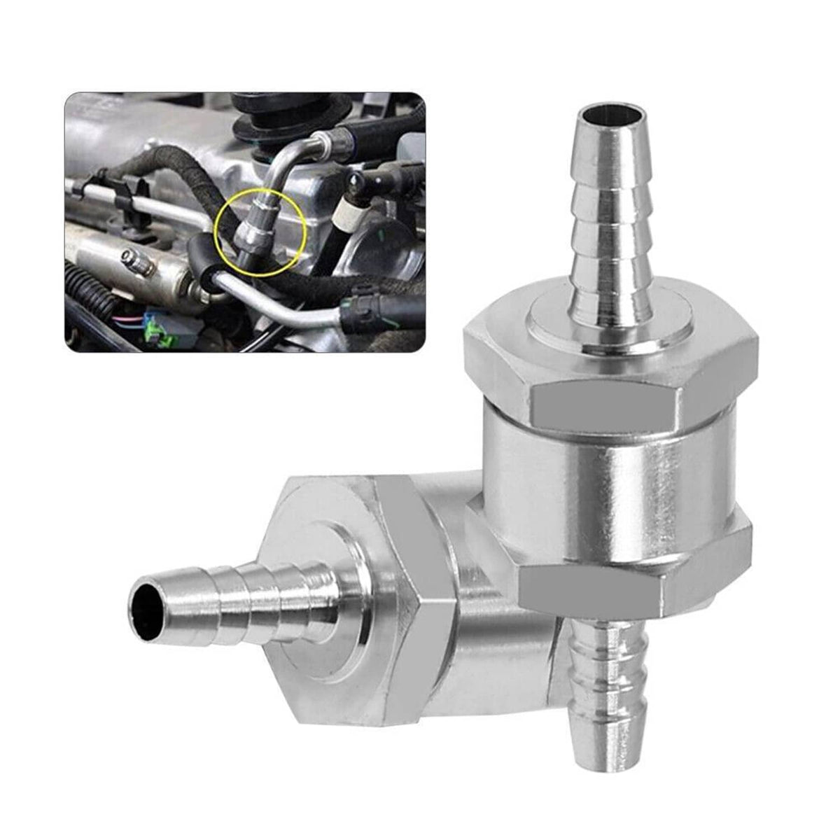 8mm fuel line one-way check valve next to an engine bay mounting reference