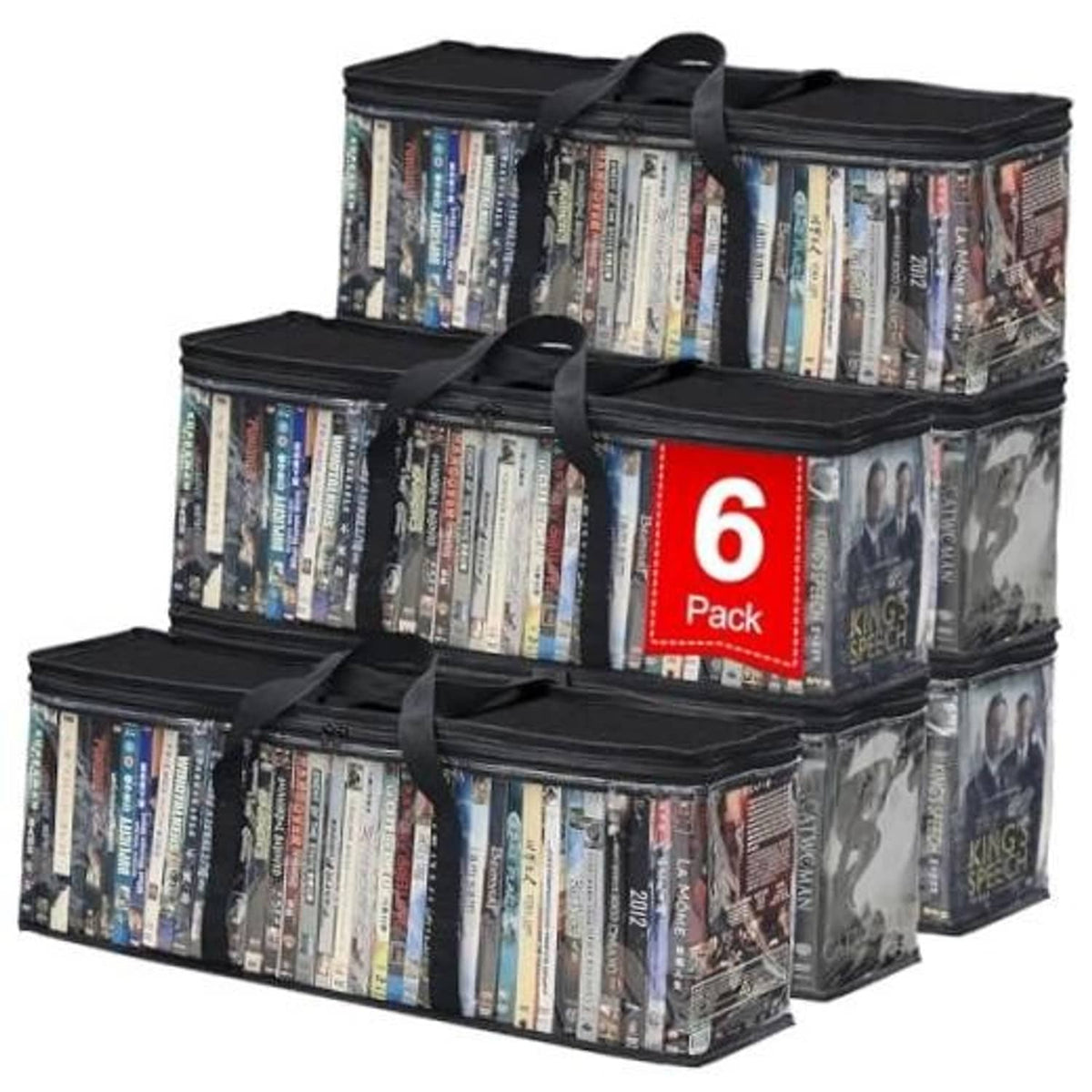 Clear-window DVD storage bags set with black zipper tops and carry handles, holds multiple cases