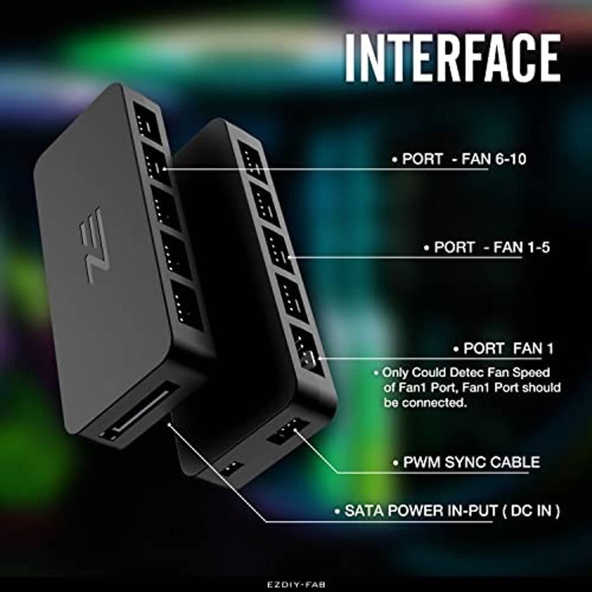 PWM fan hub controller with side connection ports and attached PWM sync cable