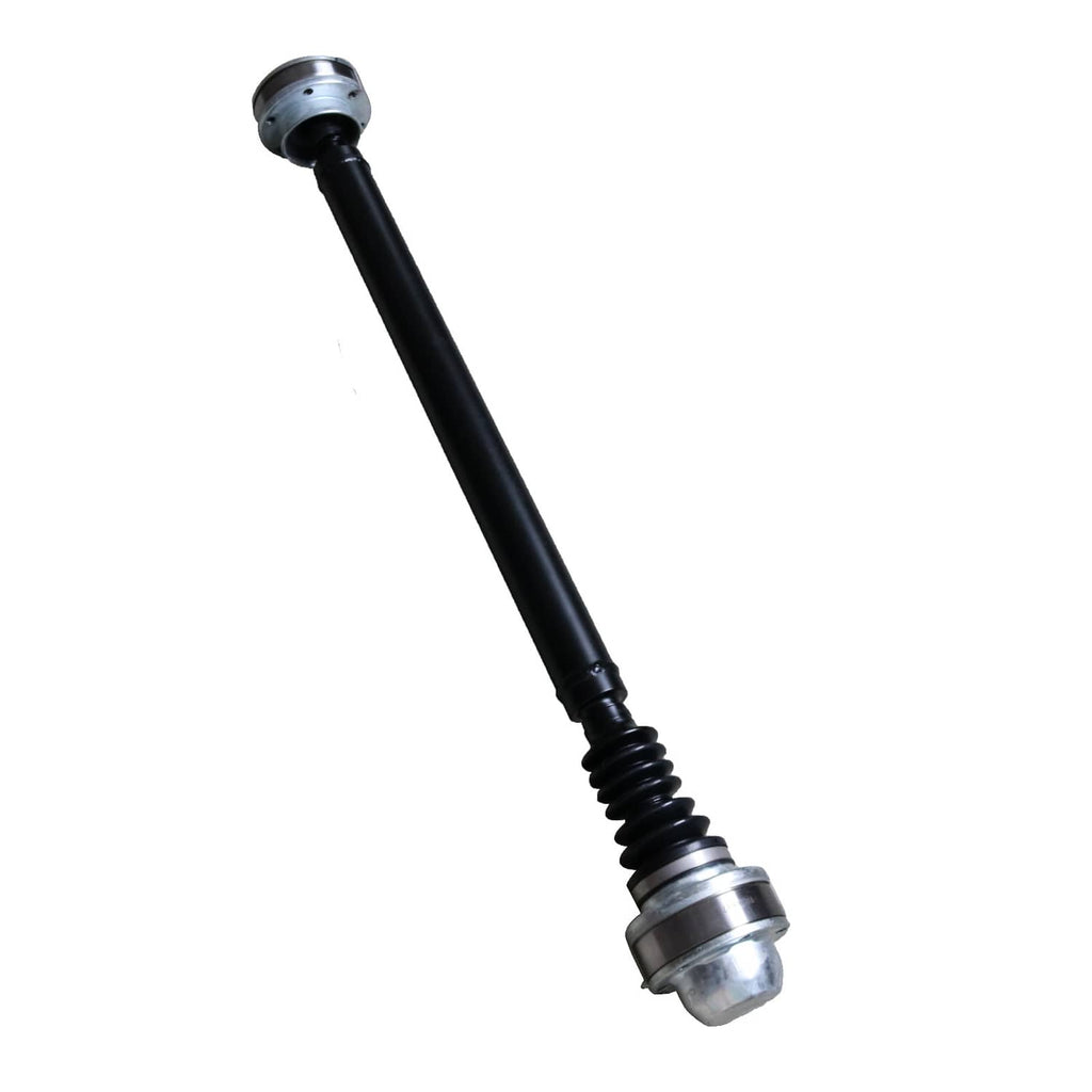 Front drive shaft with black tube, ribbed boot, and silver joint end, angled view